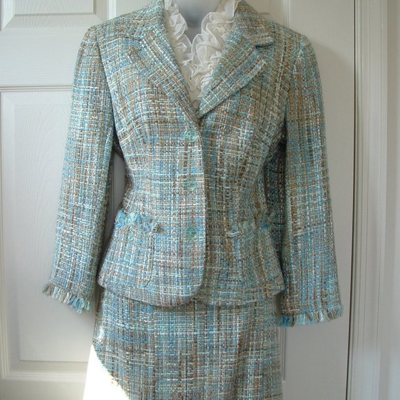 Jonathan Martin Tweed Suit Blazer Skirt Fringed - Picture 5 of 13